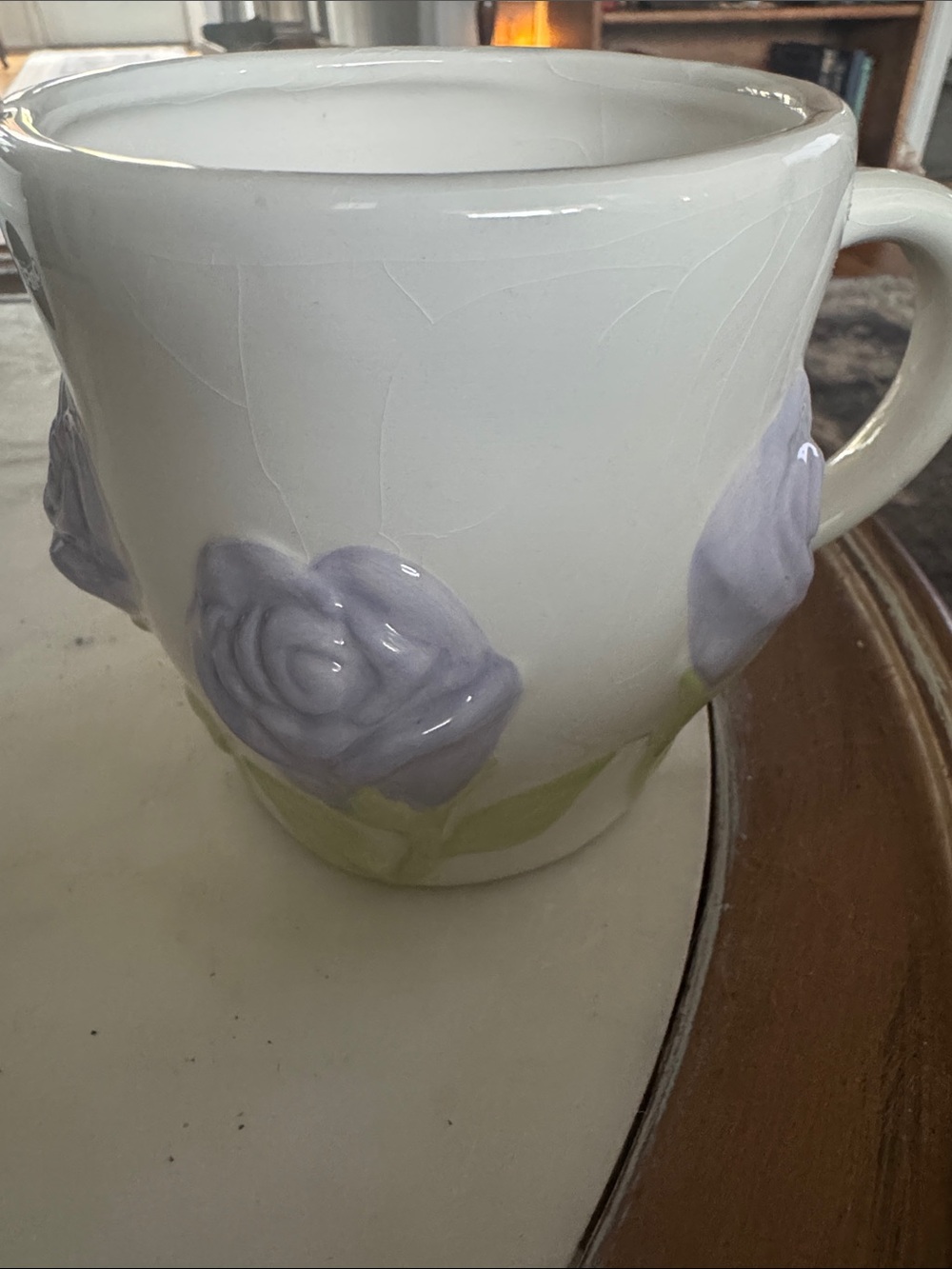 White Ceramic Mug with Light Purple Floral Relief